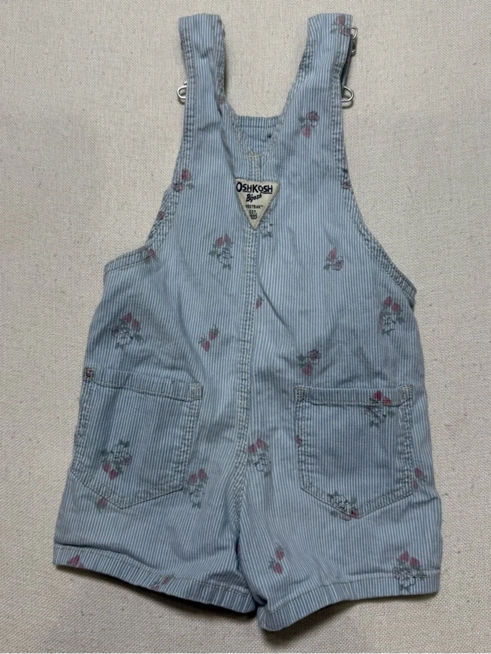 OshKosh B'gosh Light Blue Pinstripe Floral Short Overalls Toddler Kids Girls 2T